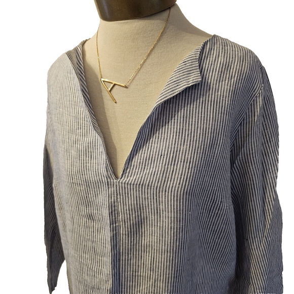 Soft Surroundings Womens Lagenlook Linen WhiteBlue Stripe Button Down Dress Sz L - Picture 2 of 10